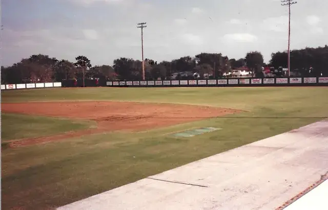 A ballpark seen from behind the backstop: mound, sponsor-lined outfield fence and light poles.