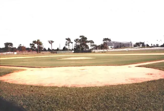 The pitcher's mound and infield of an empty diamond with the outfield fence and trees beyond.
