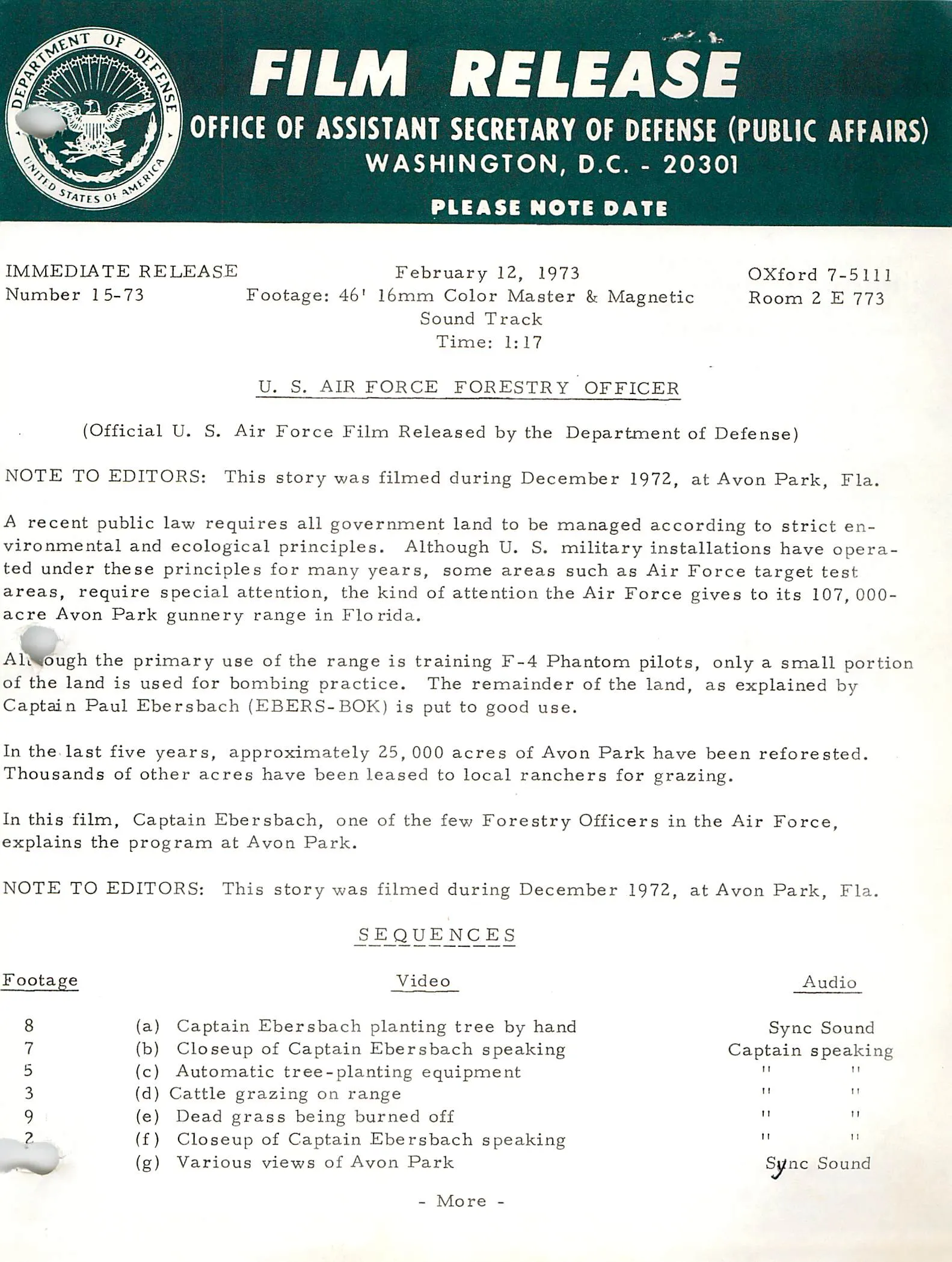 Department of Defense film release on the Avon Park range forestry program, 12 February 1973