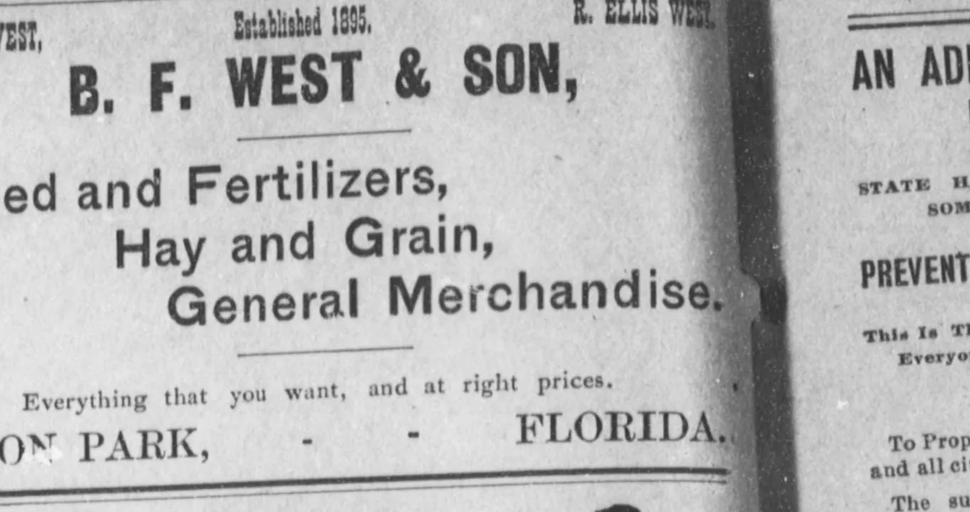B. F. West and Son’s advertisement in The De Soto County News, 18 August 1905