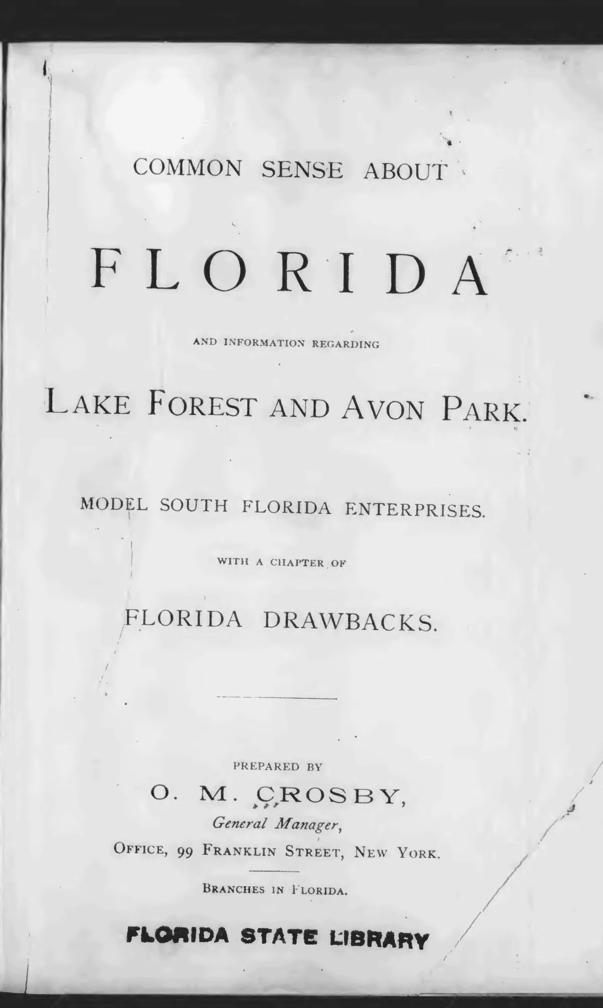 Title page of Common Sense about Florida, 1888