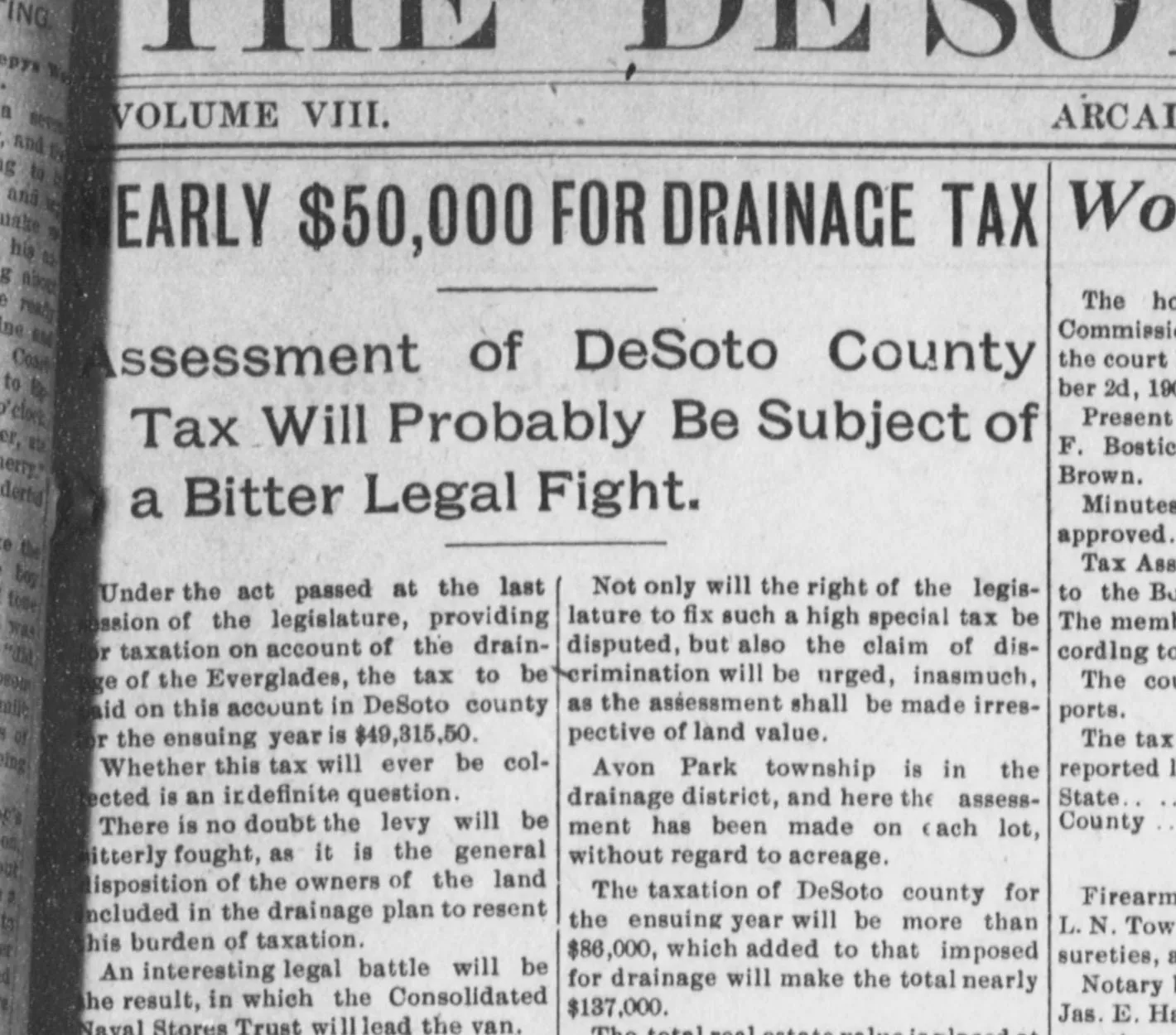 Nearly $50,000 for Drainage Tax, The De Soto County News, 13 October 1905