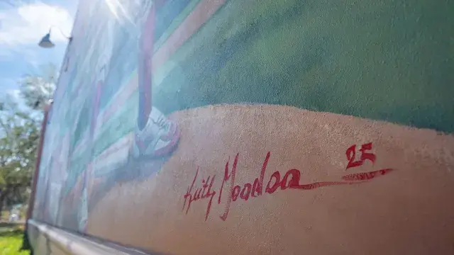 The mural artist's signature painted at the foot of the pitcher, dated 25.
