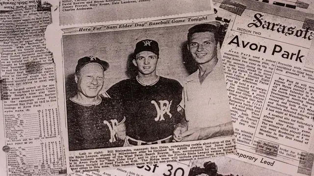 A clipping with a photograph of three men for Sam Elder Day.