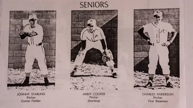 A yearbook seniors page with three players posed against a wall.