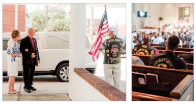 Three photographs: a couple watch a hearse arrive, a veteran holds the American flag, and mourners in veterans’ vests fill church pews.