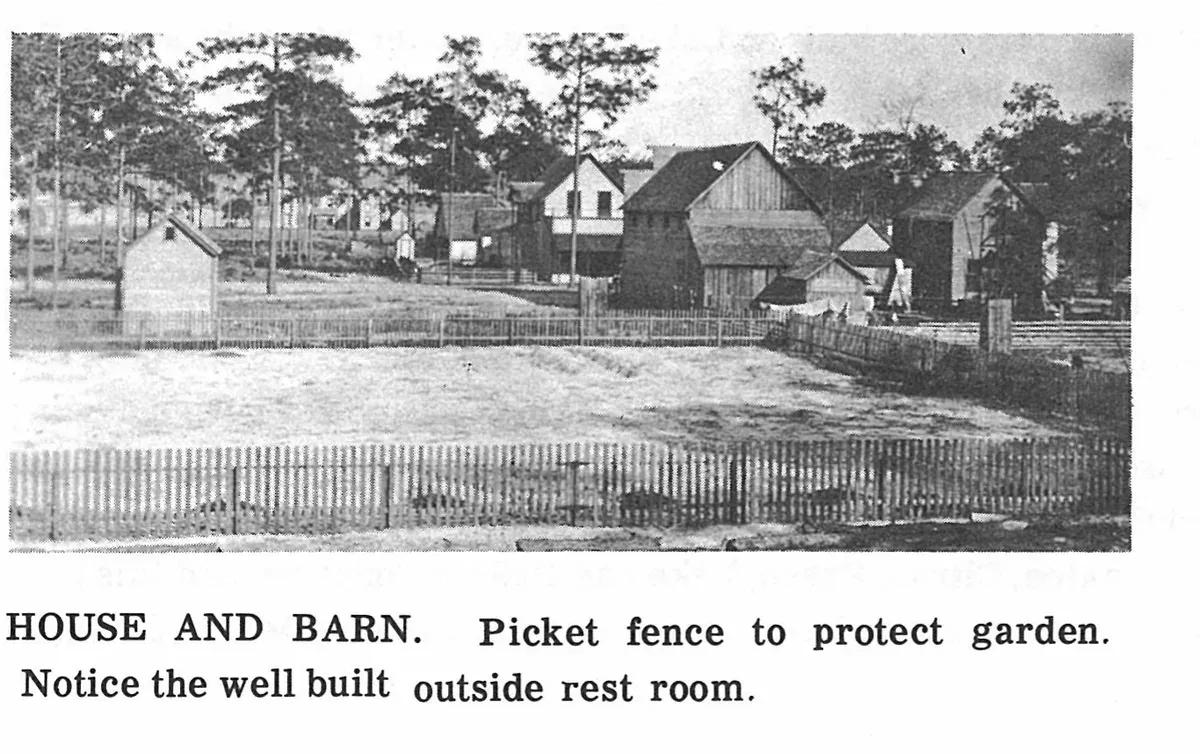 HOUSE AND BARN. Picket fence to protect garden. Notice the well built outside rest room