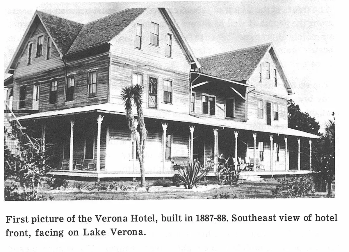 First picture of the Verona Hotel, built in 1887-88. Southeast view of hotel front, facing on Lake Verona