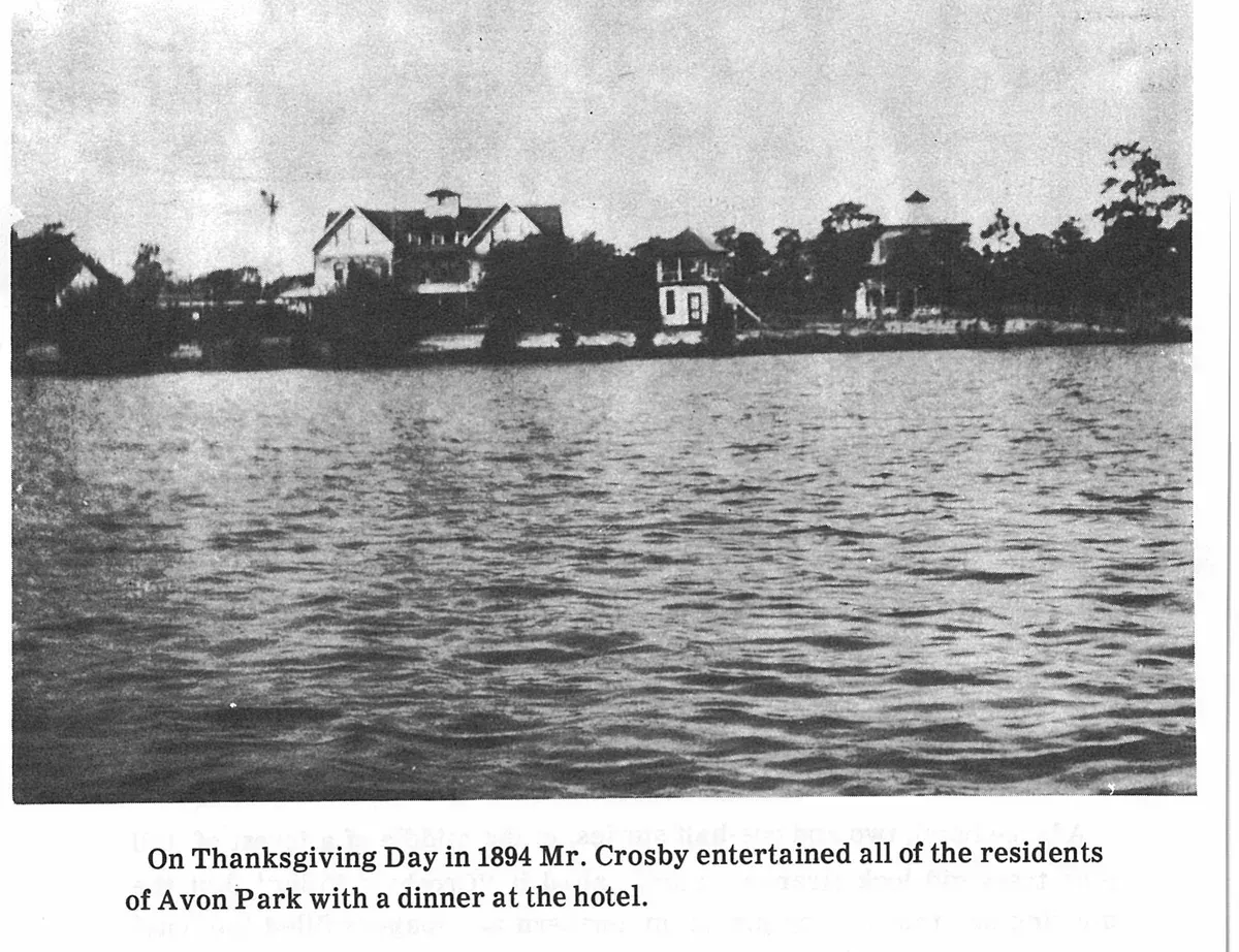 On Thanksgiving Day in 1894 Mr. Crosby entertained all of the residents of Avon Park with a dinner at the