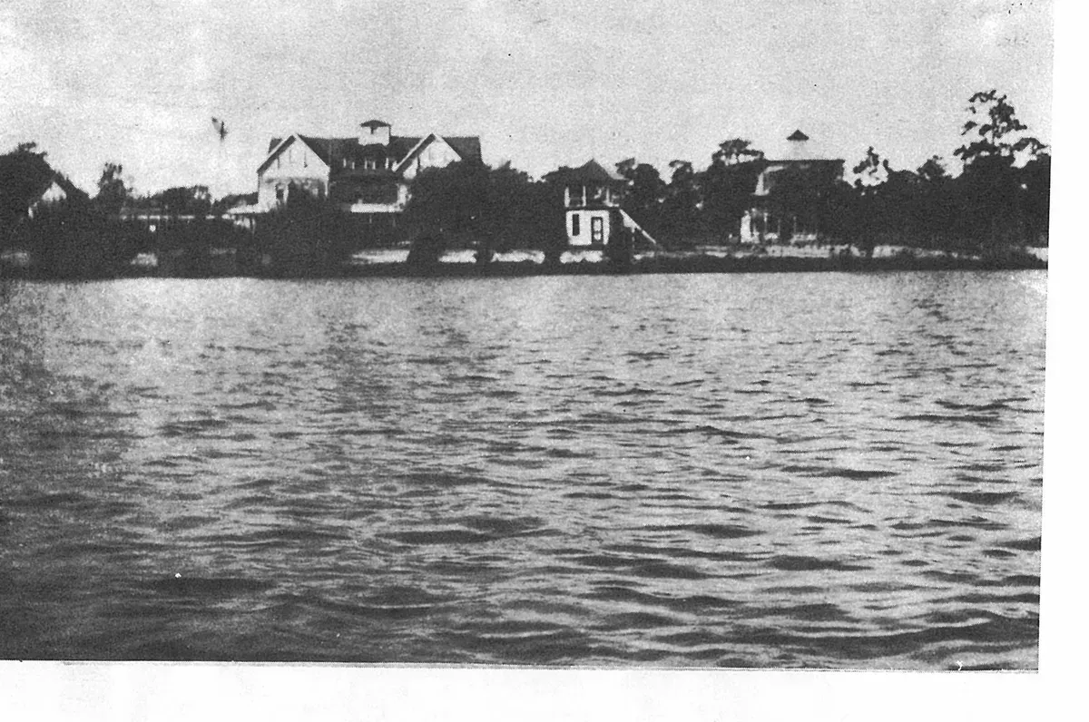 Looking west across Lake Verona shows the bandstand when it was built in 1897, in front of the Hotel