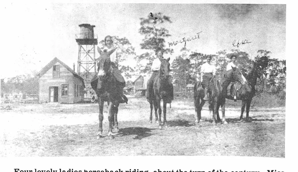 Four lovely ladies horseback riding, about the turn of the century