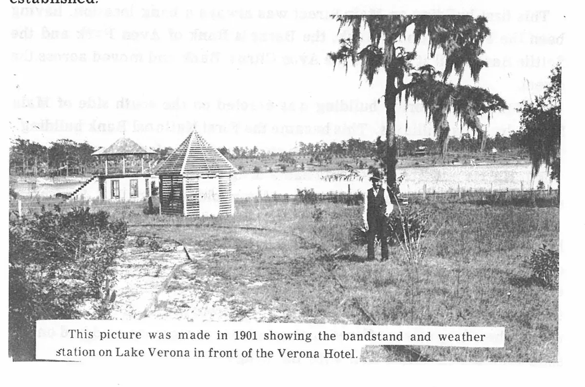 This picture was made in 1901 showing the bandstand and weather station on Lake Verona in front of the Verona