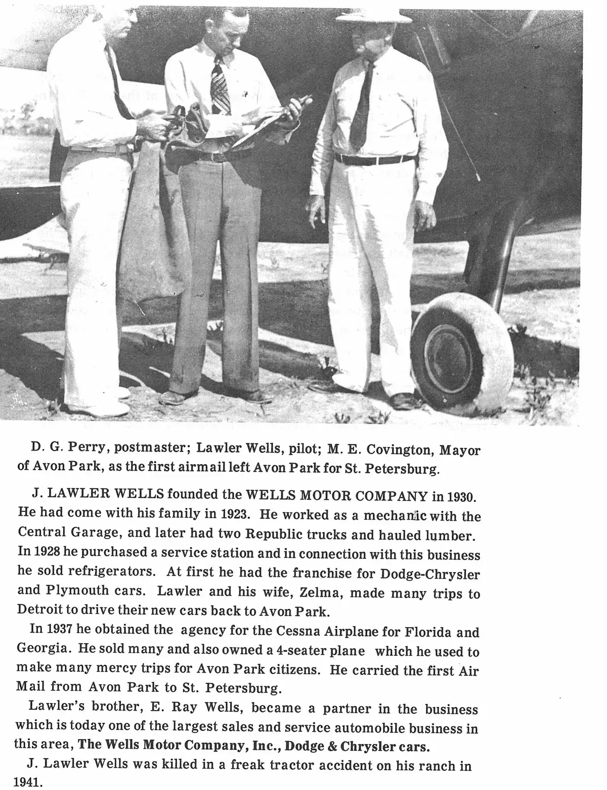 D. G. Perry, postmaster; Lawler Wells, pilot