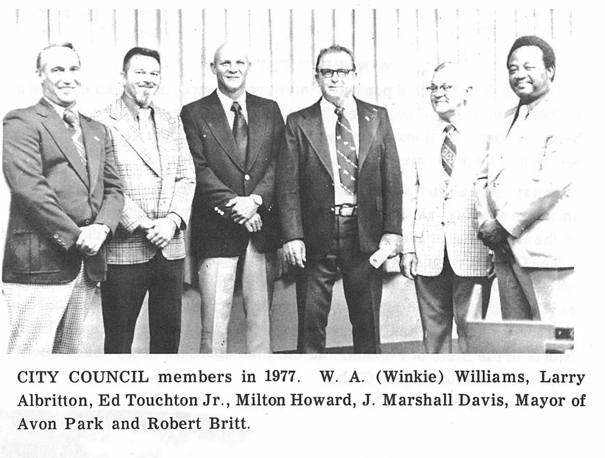 CITY COUNCIL members in 1977. W. A. (Winkie) Williams, Larry Albritton, Ed Touchton Jr., Milton Howard