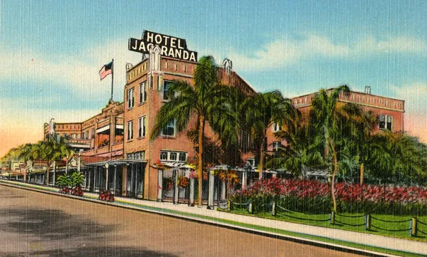 The Hotel Jacaranda on a linen postcard