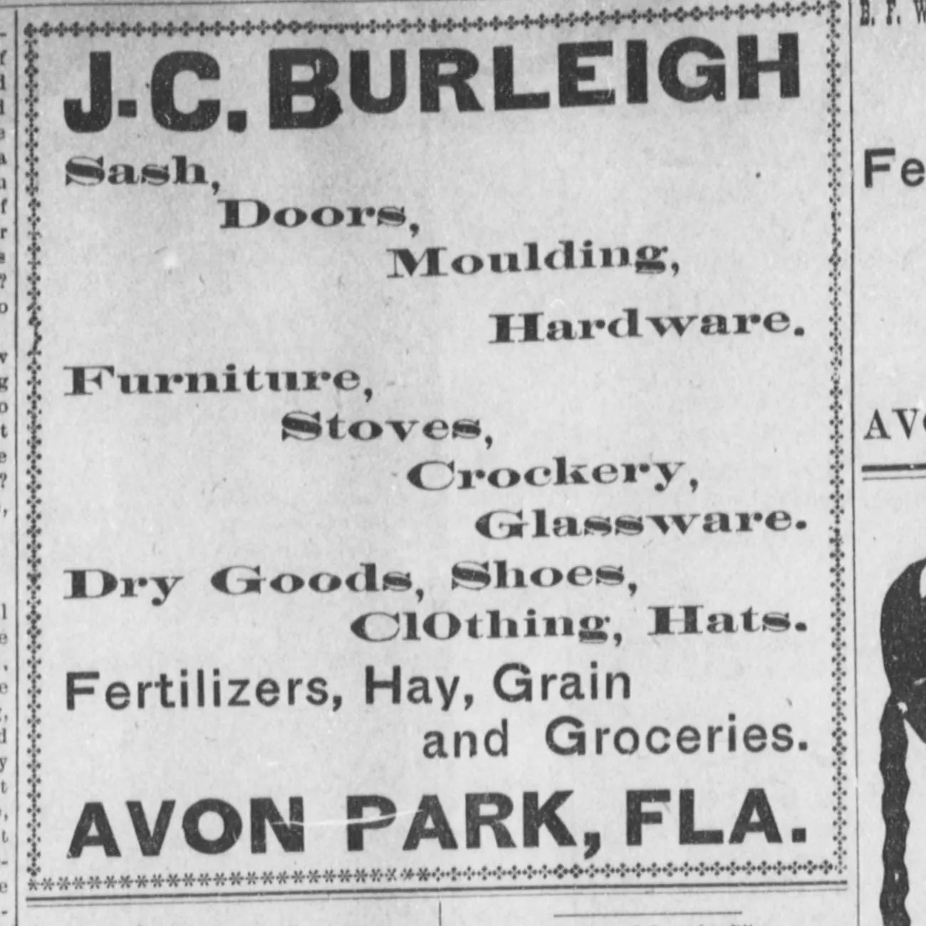 J. C. Burleigh’s advertisement in The De Soto County News, 18 August 1905
