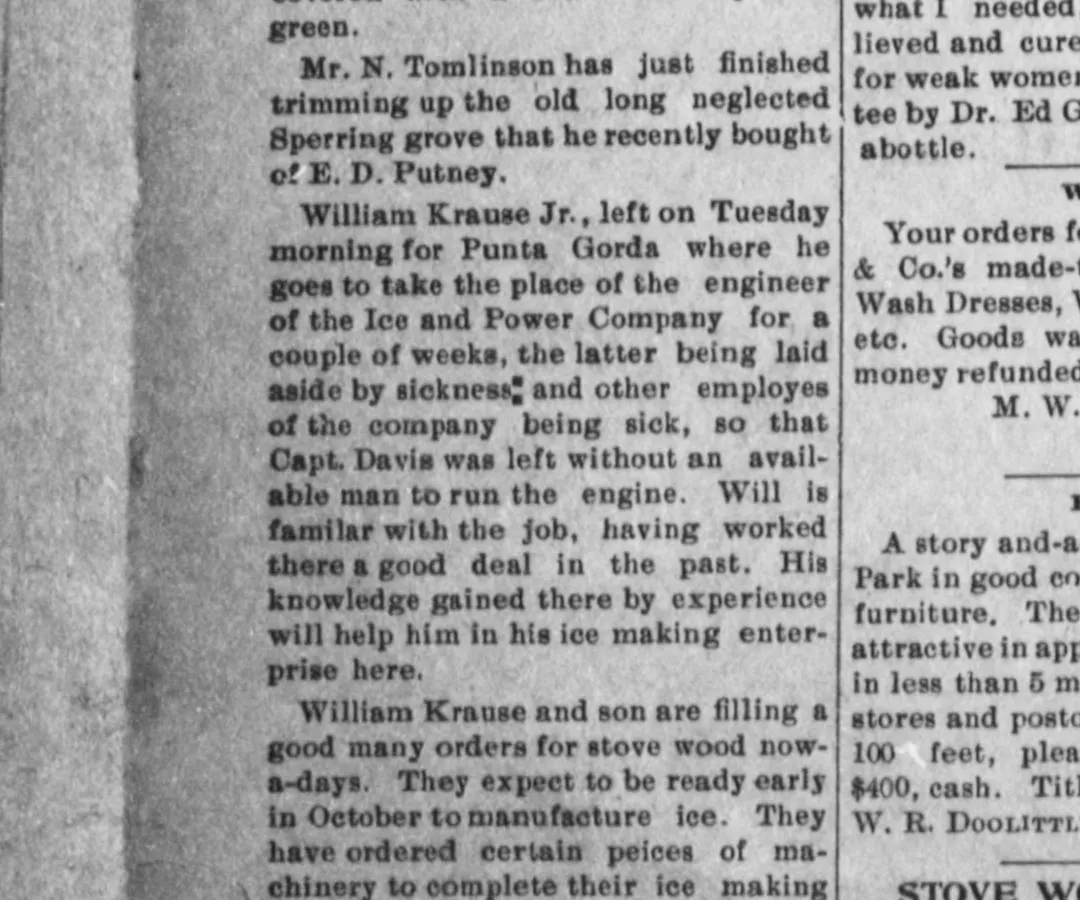William Krause and son’s ice plant, Avon Park Locals, September 1905