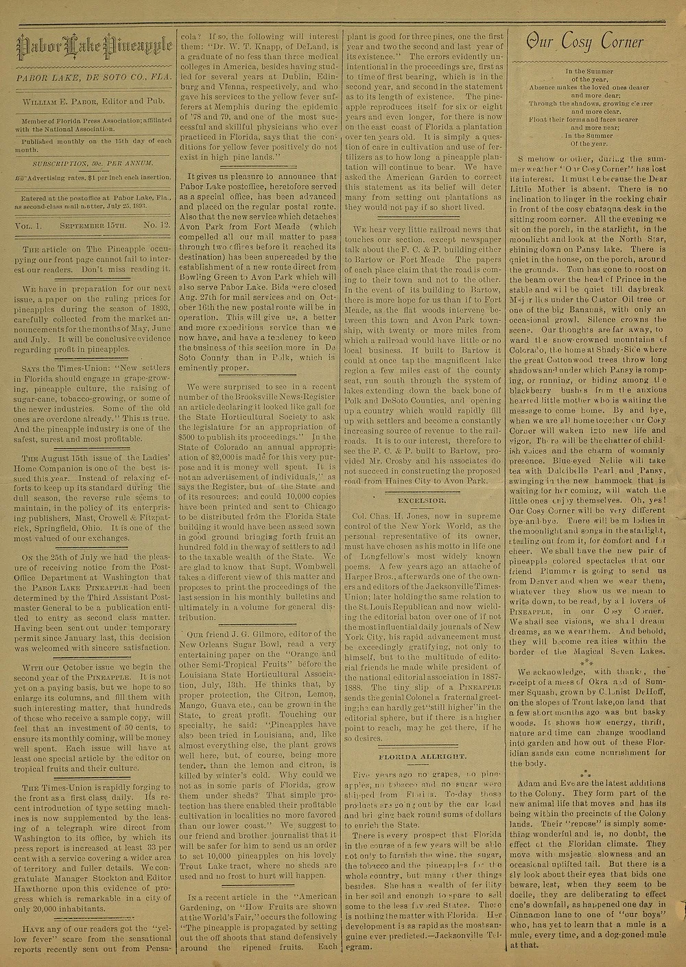 Masthead stating entered at the postoffice at Pabor Lake, Fla., as second-class mail matter, July 25, 1893