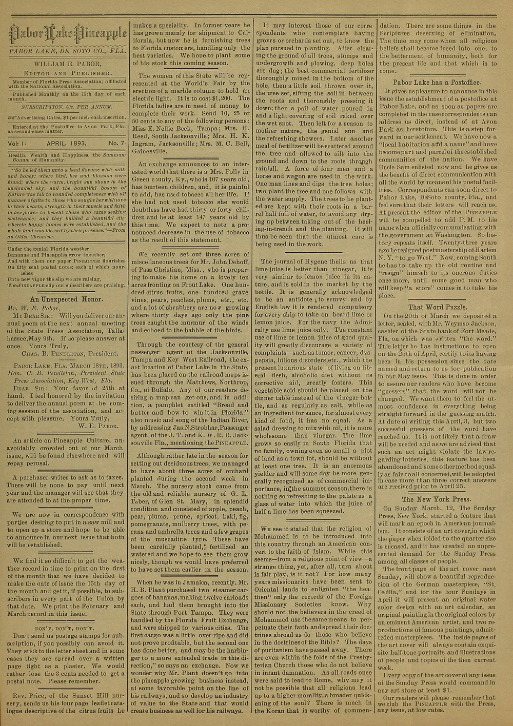 Page 4 of The Pabor Lake Pineapple, Vol. 1 No. 7