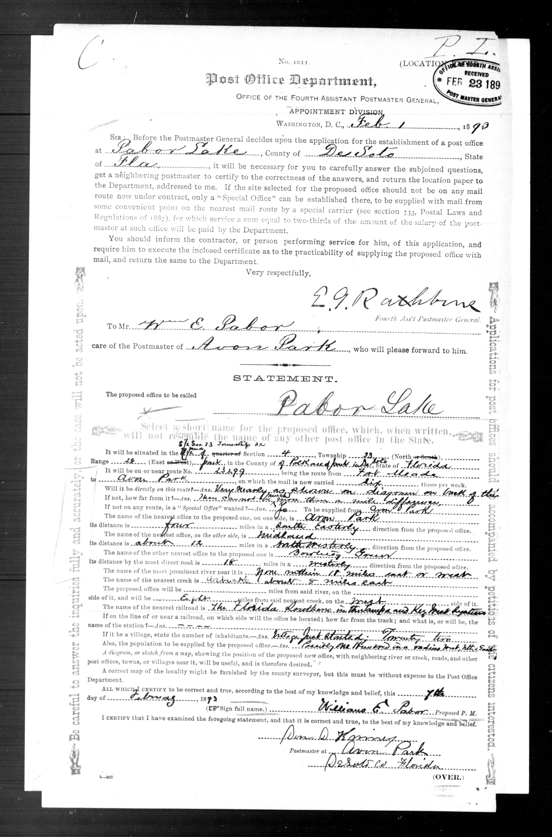Location paper for the proposed Pabor Lake post office, February 1893