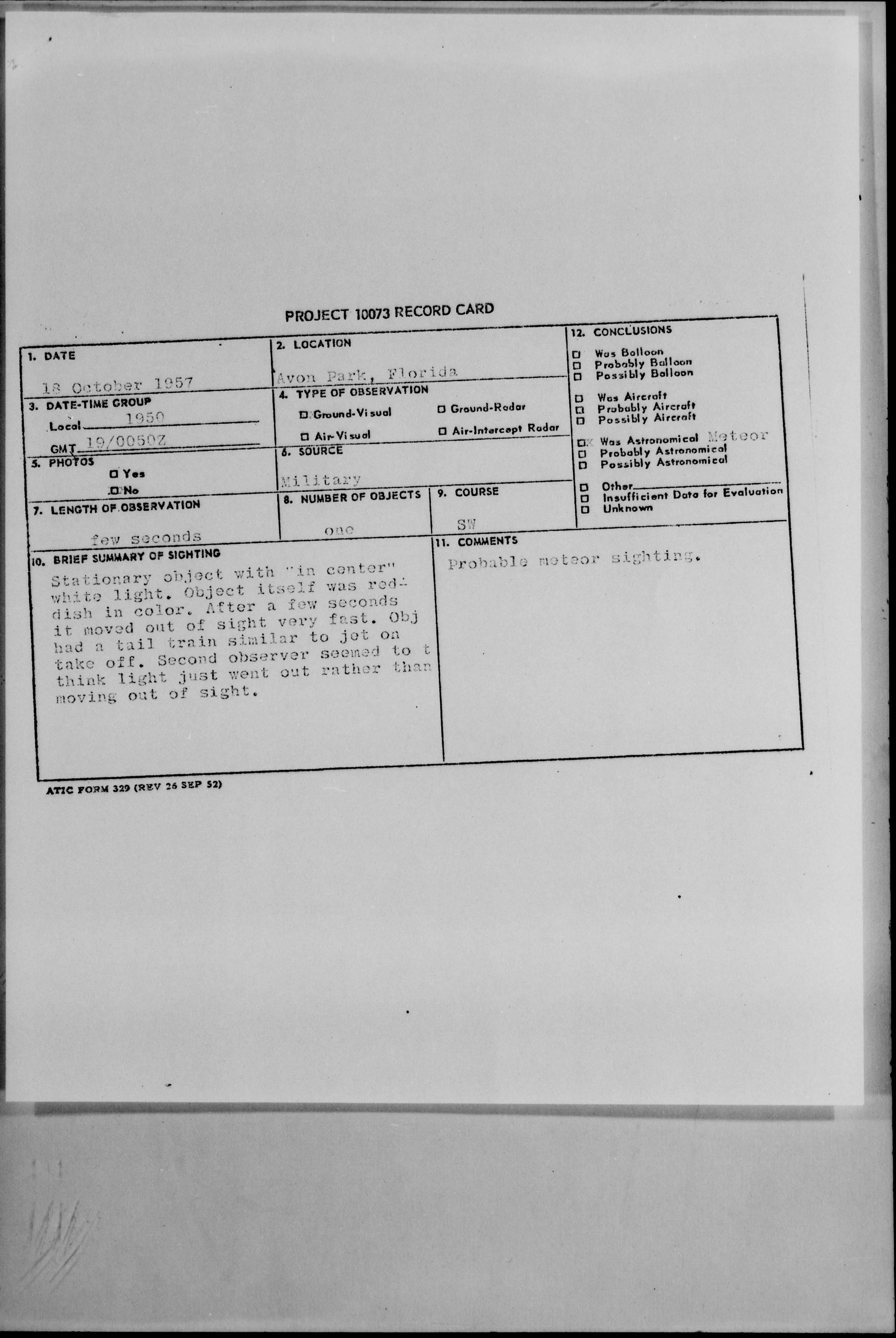 Project Blue Book record card, Avon Park, 18 October 1957