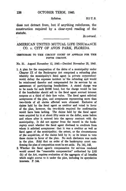 U.S. Reports: American Ins Co. v. Avon Park, 311 U.S. 138 (1940)