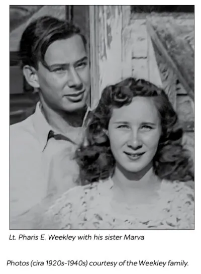 A young Pharis Weekley standing behind his sister Marva, both smiling, in a photograph from the 1940s.